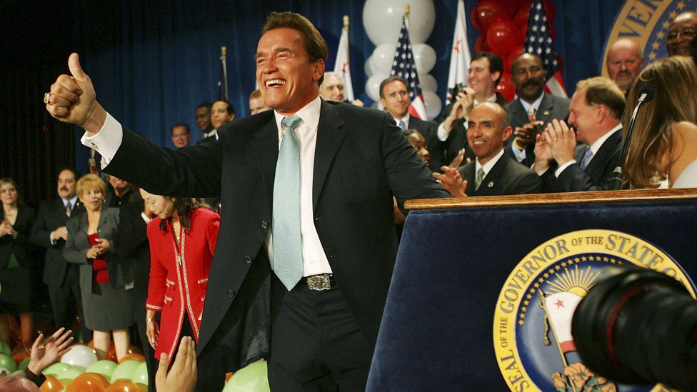 California Gov. Arnold Schwarzenegger celebrates his victory over Democrat Treasurer Phil Angelides on Election Night on November 7, 2006 in Los Angeles