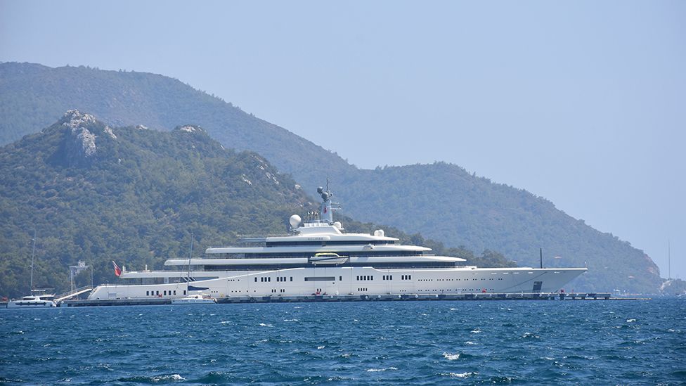 22m wide, six-storey ultra-luxury yacht named 'Eclipse' owned by Roman Abramovich, anchors at Albatros Marina in Marmaris district of Mugla, Turkey on August 26, 2023