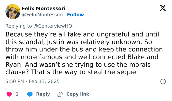 Tweet discussing Blake Lively's influence on co-stars and a scandal involving Justin and a sequel.