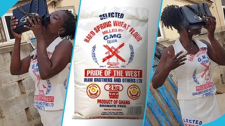 Ghanaian Lady Designs Stunning Dress From Used Flour Bags, Takes Social Media by Storm