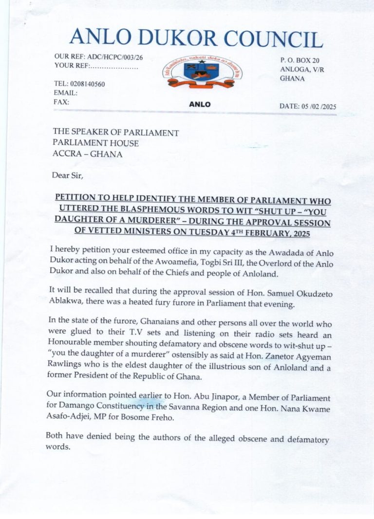 Anlo Chiefs give Speaker 5 days to identify MP who called Zanetor Rawlings ‘daughter of a murderer’