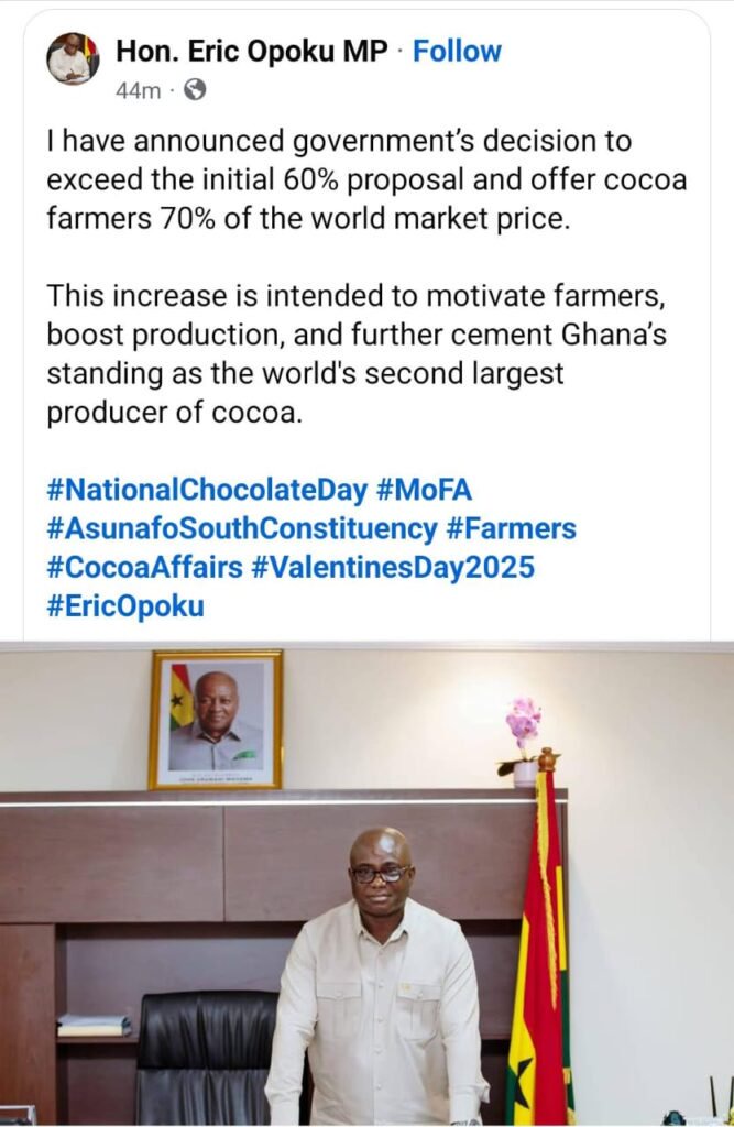 Ghana Raises Cocoa Farmers’ Share to 70% of Global Price in Bid to Stabilize Industry