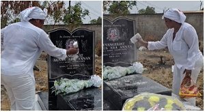 Watch as a grieving Empress Gifty sprinkles anointing oil and powder on her mother’s grave