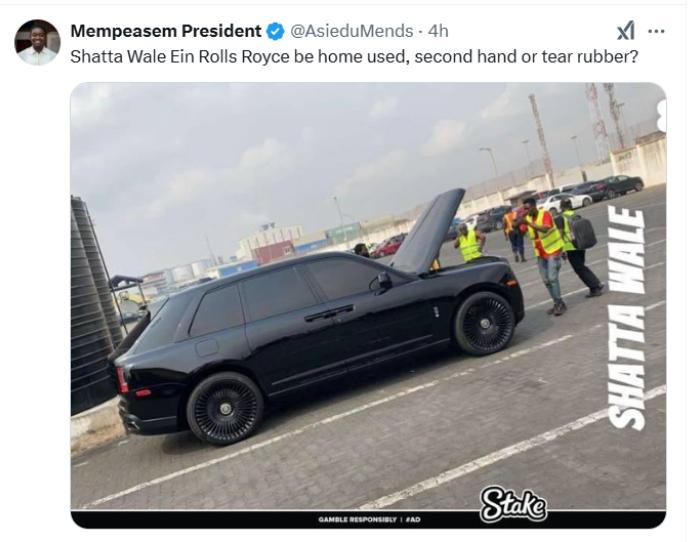 This be Home Used or Second Hand – Fans Troll Shatta Wale for Buying Old Model, Used Rolls Royce