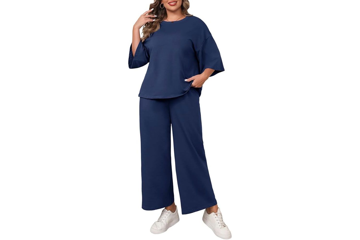 Beautife Womens Plus Size 2 Piece Outfits 3/4 Sleeve Tops and Wide Leg Pants Loungewear Pajamas Sets