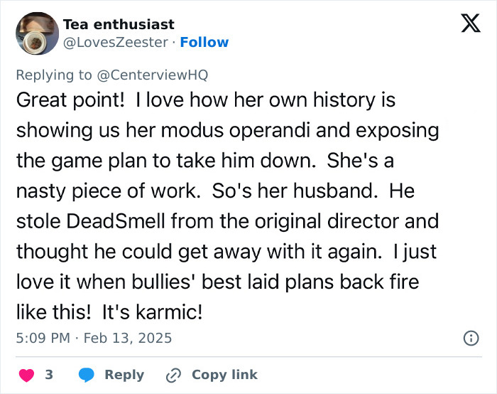 Tweet discussing Blake Lively's strategy and karma against another actor, posted by Tea Enthusiast on February 13, 2025.