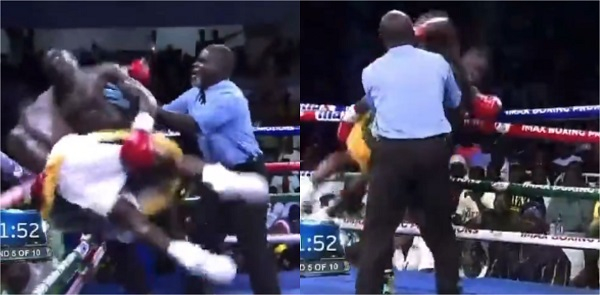 Watch how a Ghanaian boxer threw opponent outside the ring after receiving heavy punches