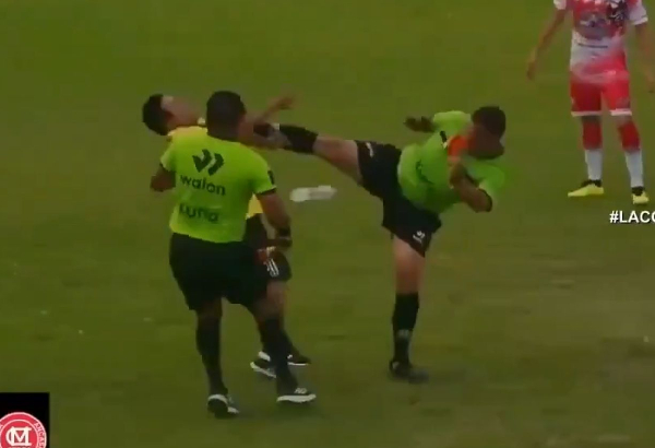 Referee knocks out losing coach with brutal karate kick after bottle attack