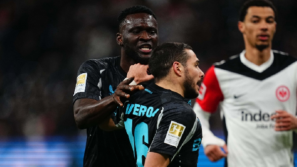 Super Eagles forward Victor Boniface fights teammate over a shot in Leverkusen win over Frankfurt