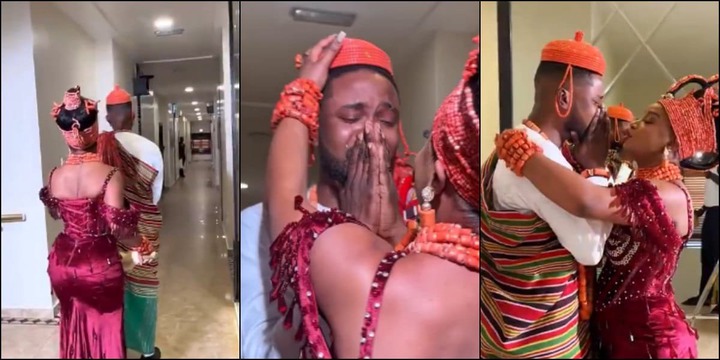 Emotional moment groom tears up as he sees his bride on traditional wedding day