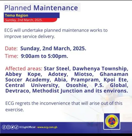 ECG Announces Power Maintenance in Tema, Tackles Outages in Ashanti and Accra