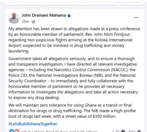 Mahama orders investigations into two flights suspected to be involved in drug trafficking & money laundering