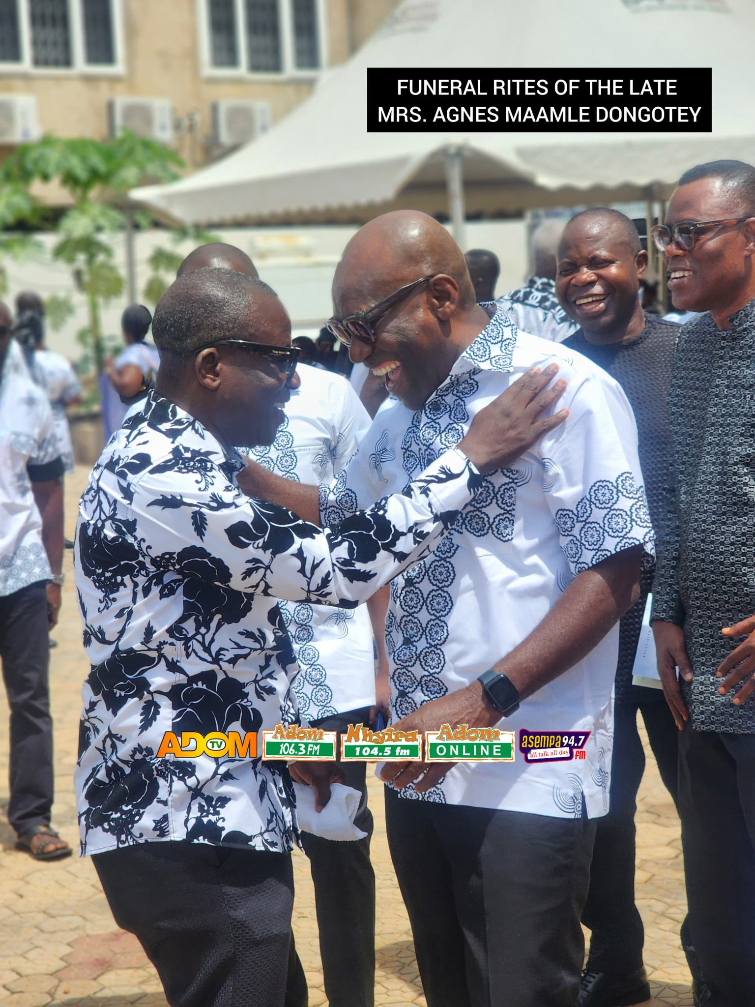 May be an image of 4 people and text that says 'FUNERAL RITES OF H LATE MRS. AGNES MAAMLE DONGOTEY ADOM Adom- 106.3M Xлyйa 104.5fm 04.5 fm Adon- ONLINE asempa94.7 94.7 தின் AN ！8'