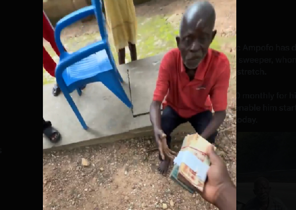 Old man who sweeps Ayi-Mensah to Peduase stretch of road daily gifted GH¢15,000