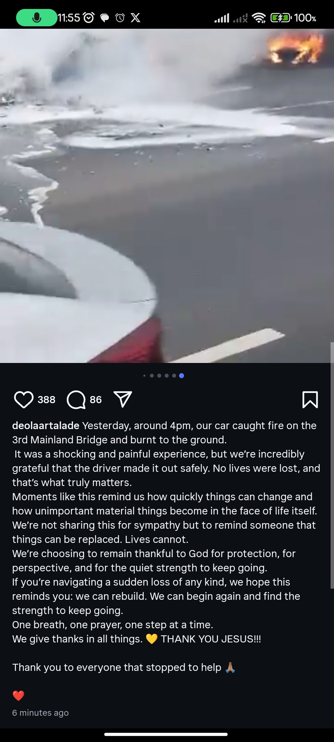 Singer, Dare Art Alade and wife, Deola's car catches fire on 3rd mainland bridge, burns to the ground.