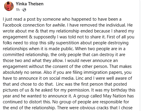 Jealous people are not responsible for the end of our relationship. Linc and I are - Yinka Theisen writes
