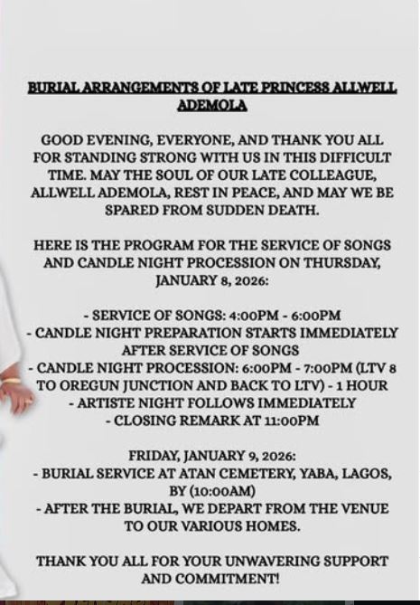 Burial Details of Nollywood Actress, Allwell Ademola Emerge