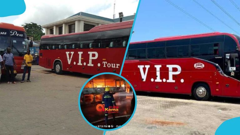 VIP Bus Catches Fire on Kumasi-Sunyani Road, Witnesses Slam Ghana Fire Service